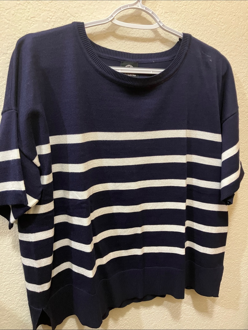 bobeau Navy and White Striped Knit Short Sleeve Top
